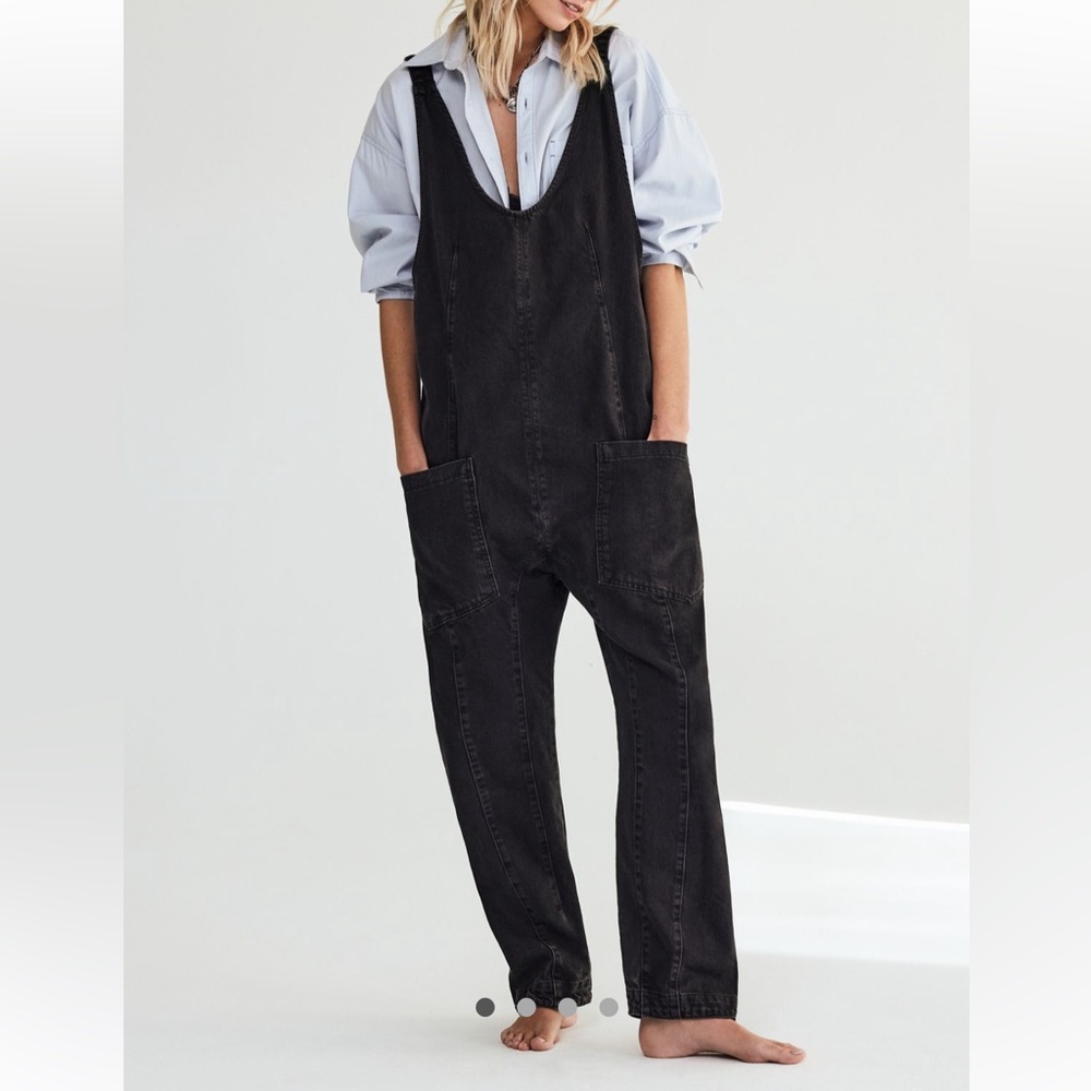 Free People Black Washed Denim Overalls Jumpsuit
